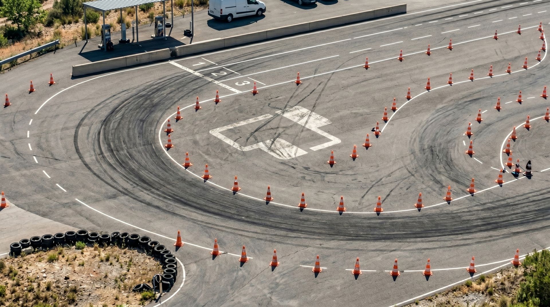 Automotive proving ground or test track with safety run-off and markings, where on-track validation takes place.