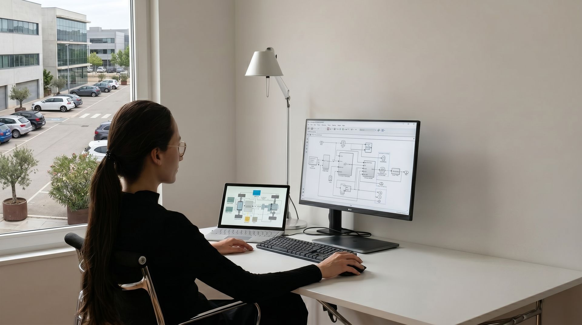 Engineering workstation with simulation and measurement tooling on screen — the desk-side work our AI tools are built to support.
