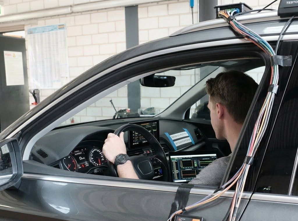 Engineer working with in-vehicle systems in a workshop, linking software development to physical automotive testing.