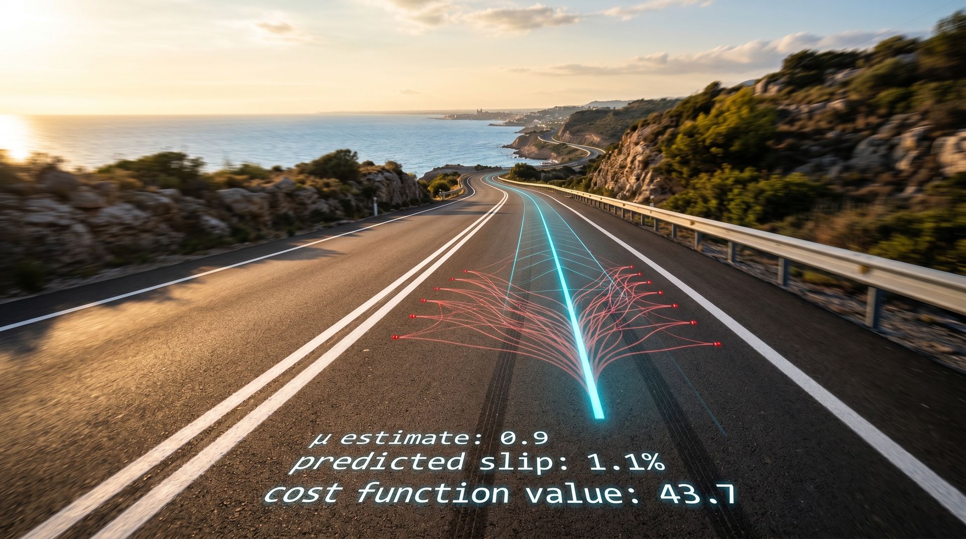 Asphalt road seen from a low perspective, suggesting motion and intelligent vehicle systems.