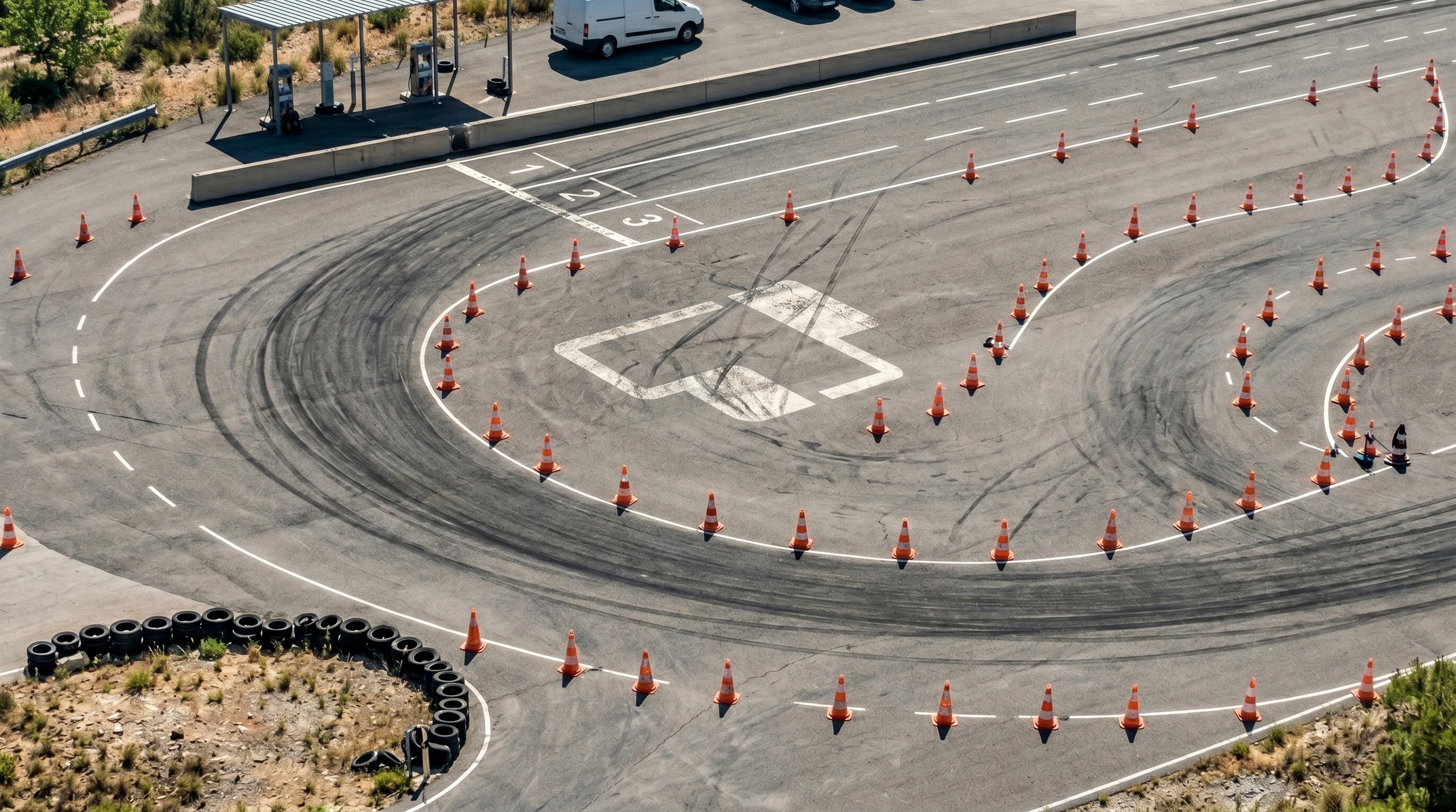 Automotive proving ground or test track with safety run-off and markings, where on-track validation takes place.